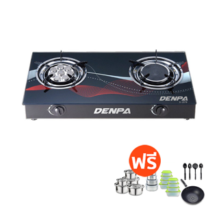 DENPA เตาแก๊สหัวคู่ หน้ากระจก แถมฟรี กระทะ Non stick ชุดกระบวย ตะหลิว หม้อแขก ภาชนะสแตนเลส MIRROR008 03