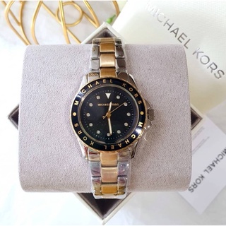 (ผ่อน0%) Michael Kors MK6955 Kenly Three-Hand Two-Tone Stainless Steel Watch นาฬิกา หน้าปัดสีดำ 33มม. สายทูโทนสีเงิน