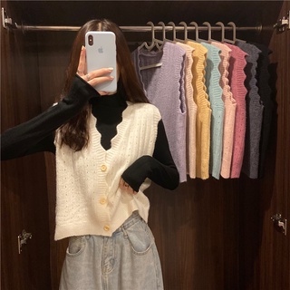 STYLE 🔥พร้อมส่ง🔥A342* เสื้อกั๊กไหมพรม สีทึบ แฟชั่นสไตร์เกาหลี แต่งขอบคื่นน้ำสไตล์ย้อนยุค ผ้านิ่มใส่สบาย