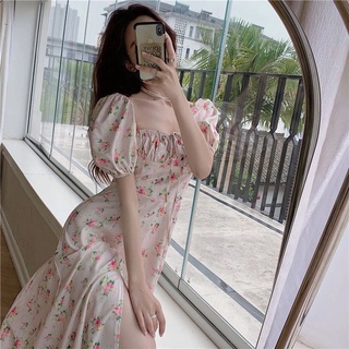 🔥ขายร้อนล่าสุด ชุดเดรส Bellflower ฝรั่งเศส 2021 ฤดูร้อนใหม่แฟชั่นสไตล์เกาหลี Gentle Square Neck Floral Slit Midi Dress