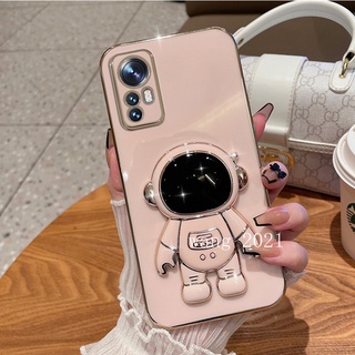 2022 New Casing เคสโทรศัพท Xiaomi 12 Pro Mi 11 Lite 5G NE 11T Pro เคส Phone Case Candy Plating Cute Cartoon with 3D Astronaut Folding Stand Soft Case Back Cover