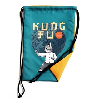 กระเป๋าหูรูด ลาย แมวกังฟู แมวแอโรบิก หน้าหลัง ผ้าแคนวาส พกพาง่าย / Kungfu / Aerobic Cat Front-Back Drawstring bag Canvas