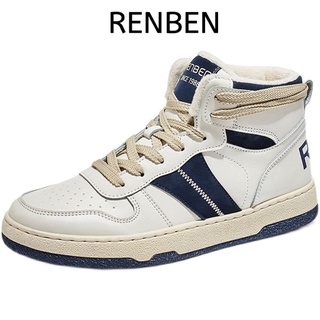 RENBEN รองเท้าผู้ชาย high-top plus กำมะหยี่อบอุ่นรองเท้าผ้าฝ้ายผู้ชายรองเท้าลำลองย้อนยุคสีขาวแบน