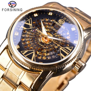 Forsining Royal Golden Skeleton Diamond Display Men Transparent Creative Wristwatch Top Brand Luxury Steel Automatic Wat