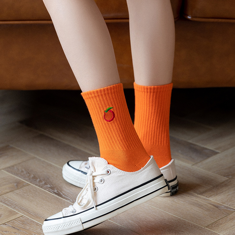 ถุงเท้ากีฬา-ผ้าฝ้ายแท้-ปักลาย-สีส้ม-ระบายอากาศ-เรียบง่าย-สําหรับผู้หญิง