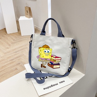 กระเป๋าสะพายไหล่ กระเป๋าช้อปปิ้ง ผ้าแคนวาส ลาย SpongeBob น่ารัก เหมาะกับของขวัญวันเกิด สําหรับนักเรียน