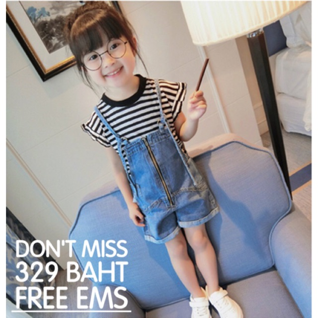 ส่งฟรี-ems-จ้า-set-2-ชิ้น-เอี๊ยมยีนส์-เสื้อแขนสั้น