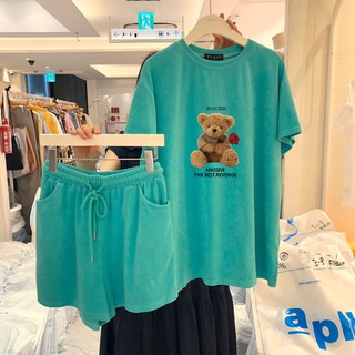 สินค้า [พร้อมส่งจากไทย]ชุดลำลองแฟชั่นผู้หญิง เซ็ต2ชิ้น เสื้อยืดแขนสั้น ลายหมี น่ารัก+กางเกงขาสั้น สไตส์เกาหลี