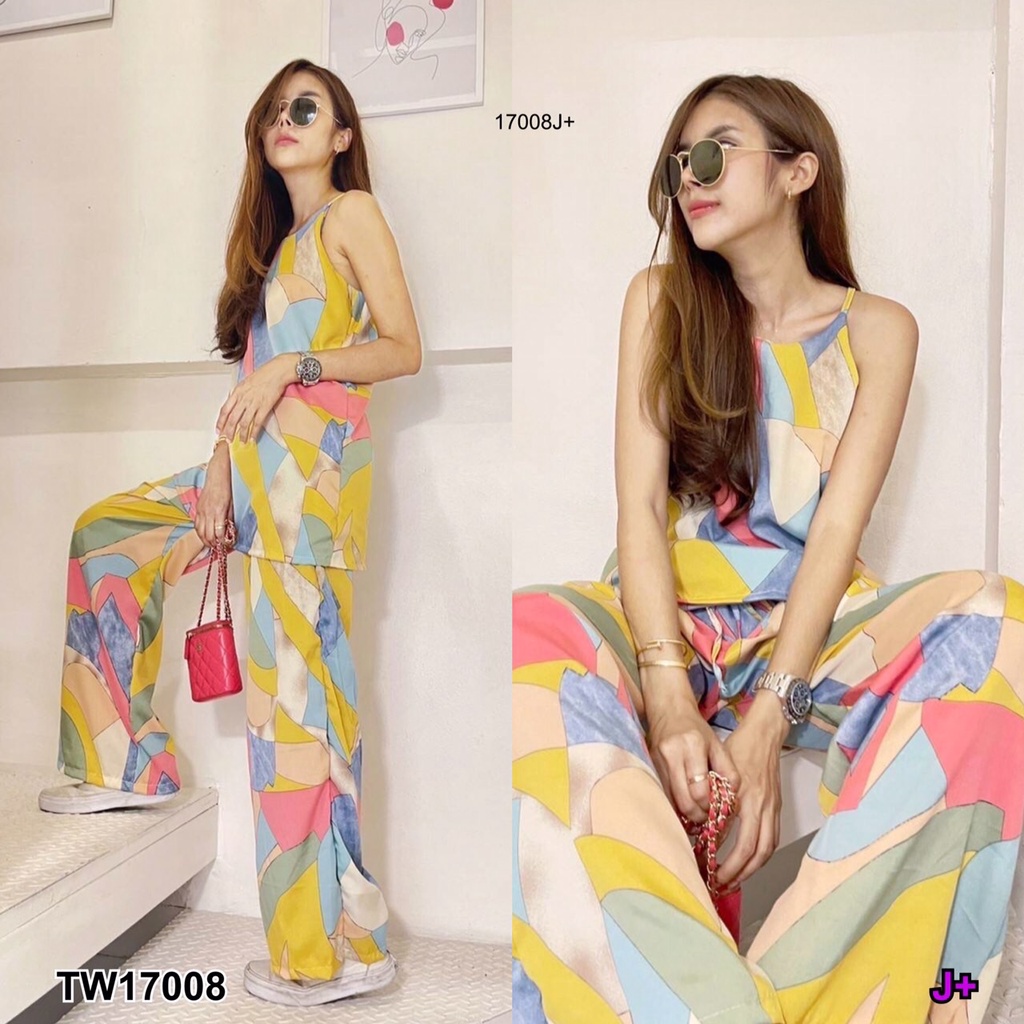 tw17008-set-2-ชิ้น-ซ็ทเสื้อสายเดี่ยวยาวคลุมสะโพก-ผ่าหลัง-กางเกงขายาวทรงกระบอก-ผ้า-100-d