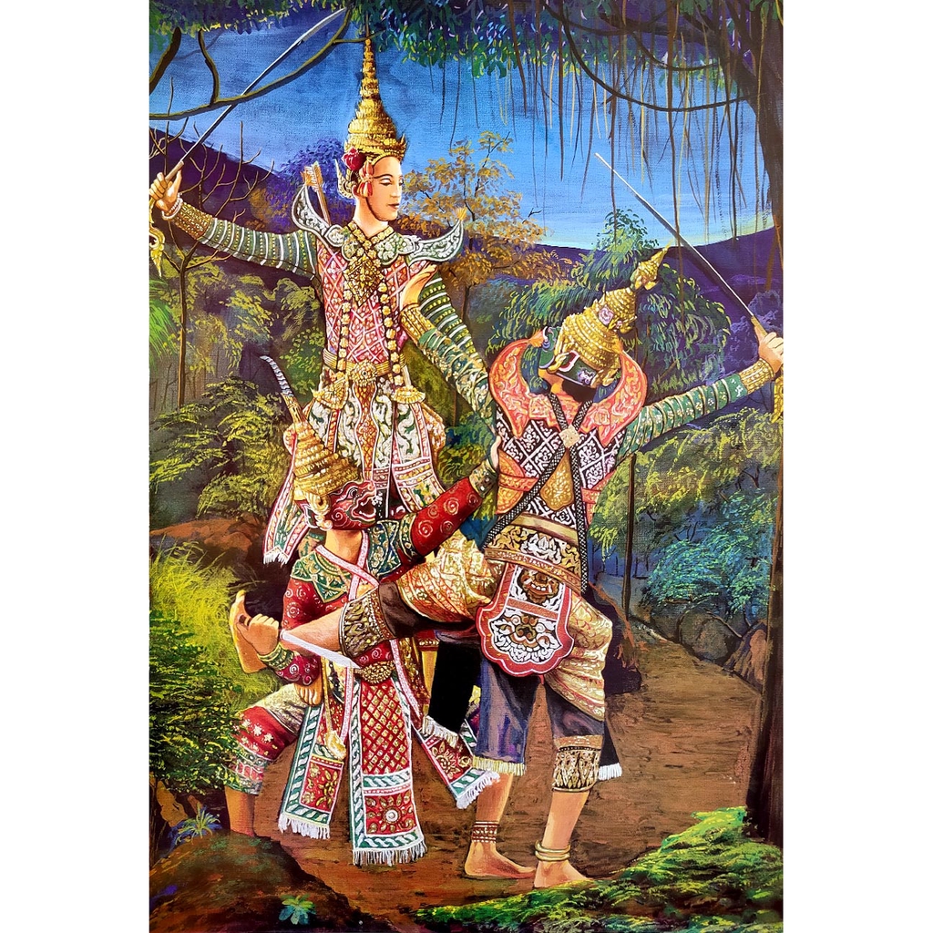 โปสเตอร์-อาบมัน-รูปวาด-โขน-รามเกียรติ์-ทศกัณฐ์-พระราม-ramayana-khon-ravana-rama-poster-15-x20-inch-ancient-painting