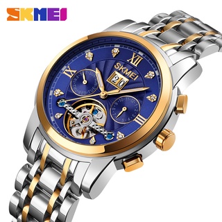 Skmei นาฬิกาข้อมือควอทซ์อัตโนมัติ หน้าปัดกลวง กันน้ํา สไตล์นักธุรกิจ แฟชั่นหรูหรา สําหรับผู้ชาย