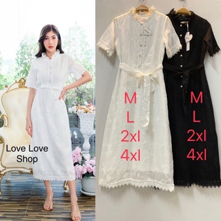 งานบุญ งานบวช!!! M-4XL Maxi Dress เดรสสีขาวปักดอกไม้กระดุมหน้า+สายผูกเอว งานป้าย Love love