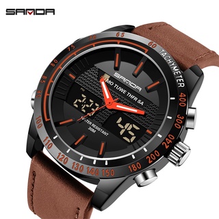 SANDA Sports Mens Watches To Luxury Brand Waterproof Leather Watches Men Military LED Digital Quartz Watch relogio mascu