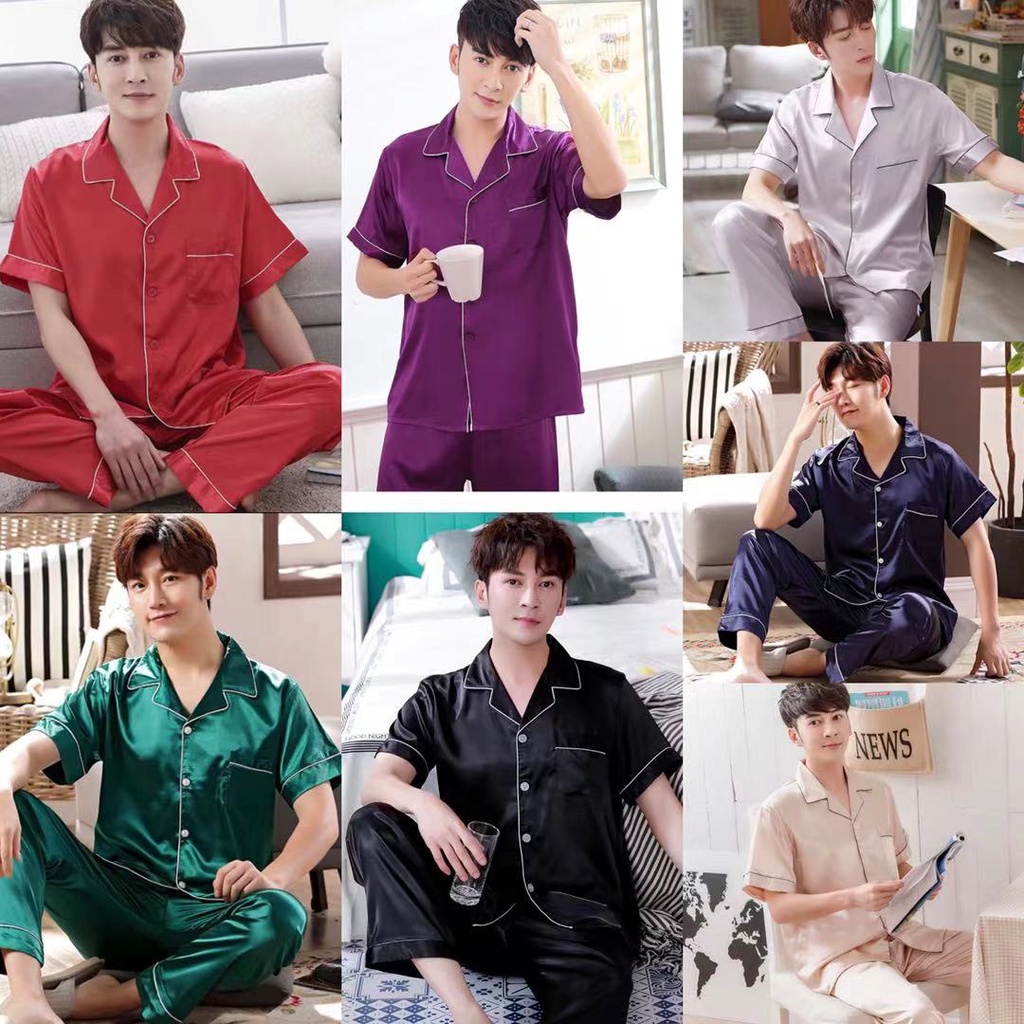 ชุดนอนชาย-ชุดนอนสีล้วน-men-ผ้าซาติน-เสื้อแขนสั้น-กางเกงขายาว-รุ่น2813