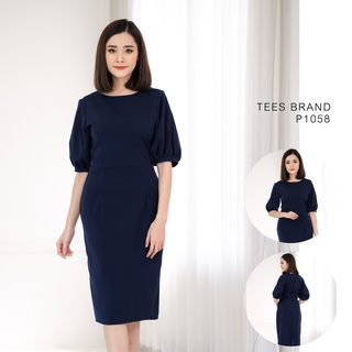 TEESBRAND ชุดทำงานสีกรม p1058  ทรงสอบ คอกลม แขนห้าส่วนตุ๊กตา