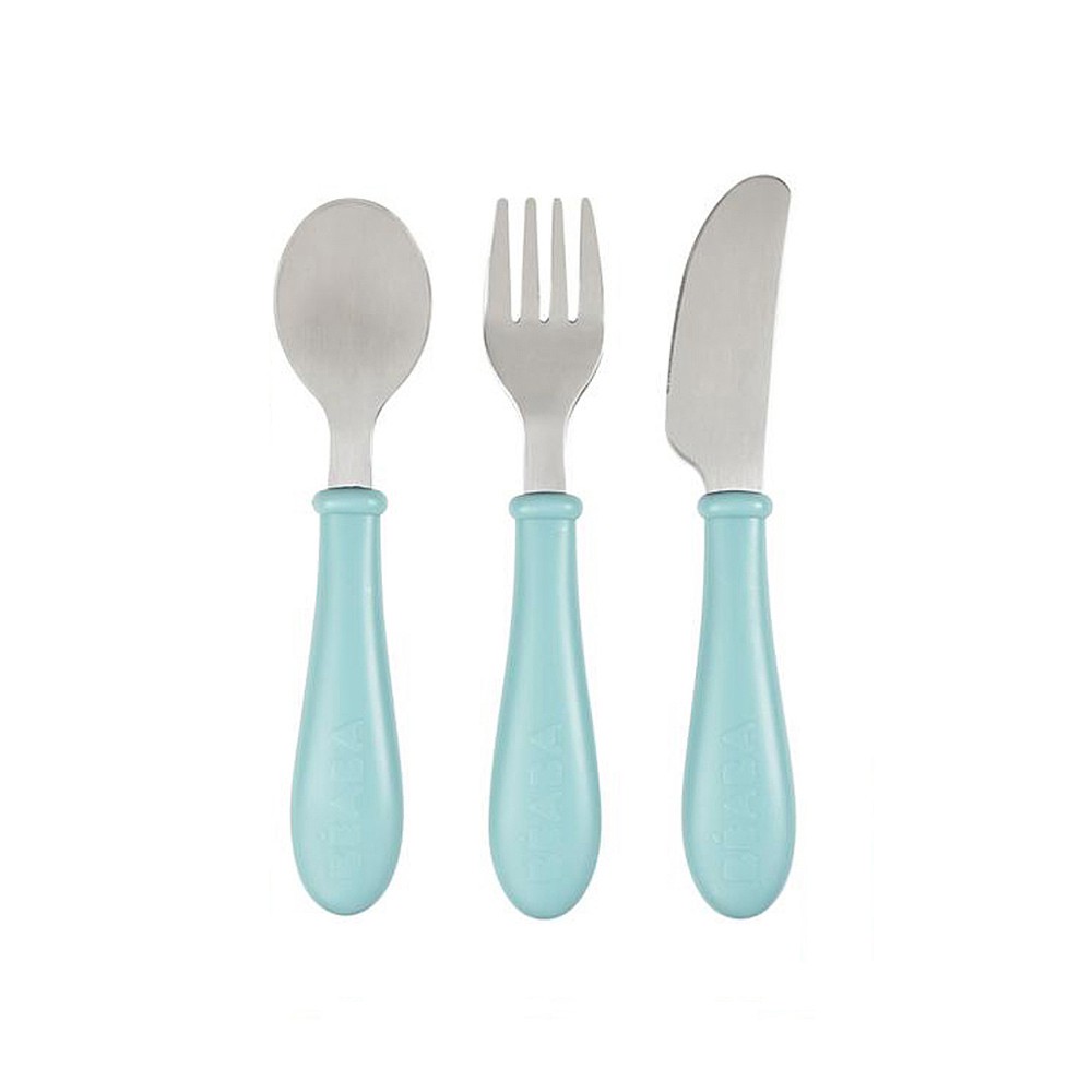 beaba-ชุดช้อนส้อมและมีด-stainless-steel-training-cutlery-knife-fork-spoon-light-blue