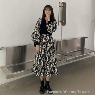 ►⊕❆ฤดูใบไม้ร่วง / ฤดูหนาว 2020 ใหม่สไตล์ฝรั่งเศสย้อนยุคดีไซน์ความรู้สึกถักเย็บช่วงกลางเอวเอวลดน้ำหนักชุดเดรสแขนยาวผู้ห1