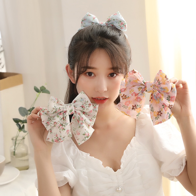 กิ๊บติดผม-ผ้าชีฟอง-ลายดอกไม้-ประดับโบว์-ขนาดใหญ่-สไตล์เกาหลี-แฟชั่นฤดูใบไม้ผลิ