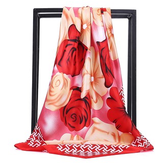 สินค้า สี แดง-90 * 90cm พิมพ์ผ้าซาตินขนาดใหญ่ผ้าพันคอสีกุหลาบผ้าไหมใหม่มาเลเซีย headscarf พันคอแฟชั่นดอกไม้มันวาวผ้าไหมผู้หญิงม