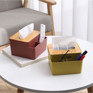 กล่องใส่ทิชชู่ แบบตั้งโต๊ะ กล่องทิชชู่ในห้องน้ำ ที่ใส่กระดาษทิชชู่ กล่องทิชชู่ รุ่นใส่รีโมท ใส่ของใช้ ฝาลายไม้
