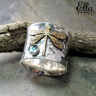 Ellastore123 แหวนชุบไฟฟ้า รูปแมลงปอ สีฟ้า สไตล์วินเทจ สําหรับผู้หญิง งานแต่งงาน