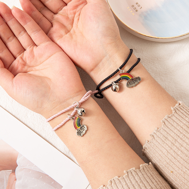 ราคาและรีวิว2PCS/Set Rainbow-shaped Elastic Bracelet with Best Friend Printing for Your Best Friend