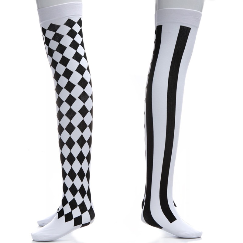 clown-costume-black-white-plaid-knee-high-long-socks-halloween-carnival