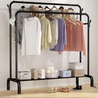 AiHouse ราวตากผ้าเหล็ก 2 ชั้น พร้อมชั้นวางของ 2 ชั้น Wardrobe Drying Rack ราวตากผ้าบาร์คู่ ชั้นวางผ้า กันน้ำ110x55x156CM