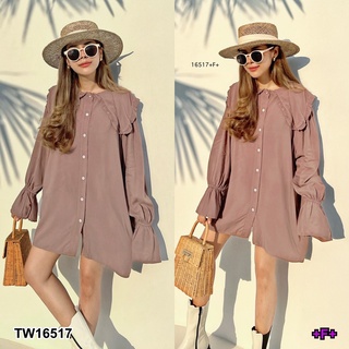 TW16517 Minidress Korea Stlye มินิเดรสเชิ้ตคอบัวระบาย เพิ่มดีเทลจั้มปลายแขนน่ารักแบ๋วๆ เนื้อผ้าคือนิ่มสุดๆ