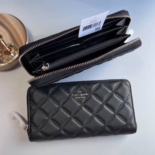 🎀 (สด-ผ่อน) กระเป๋าสตางค์ซิปรอบ สีเขียว สีดำ WLRU6340 Kate Spade Long Wallet Natalia Quilted Leather