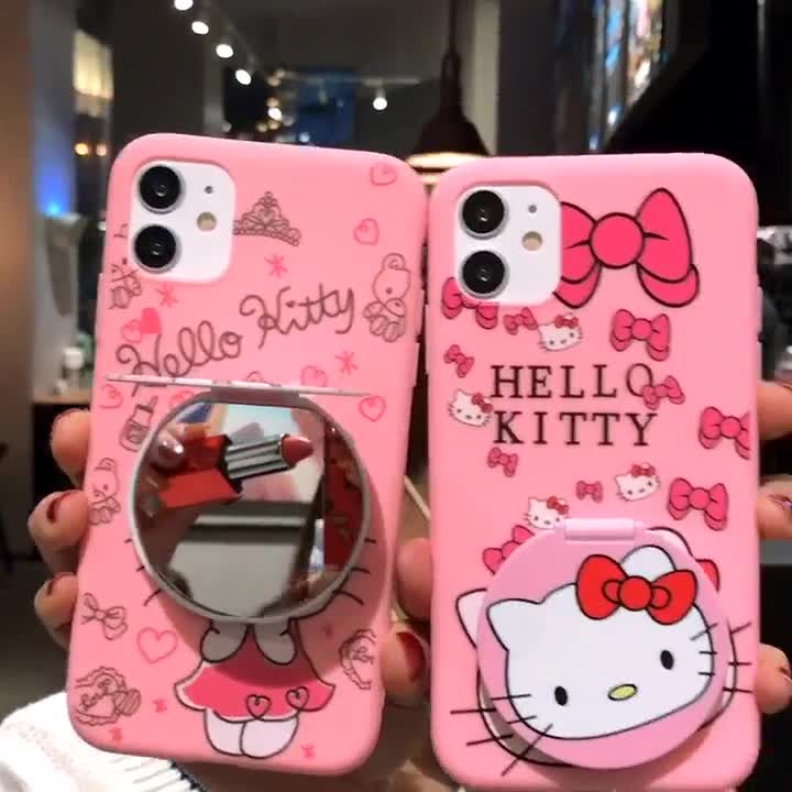 เคส-for-iphone-13-12-11-pro-x-xr-xs-max-8-8-7-7-6-6-6s-6s-plus-se-2020-cartoon-hello-kitty-soft-case-with-mirror-stand