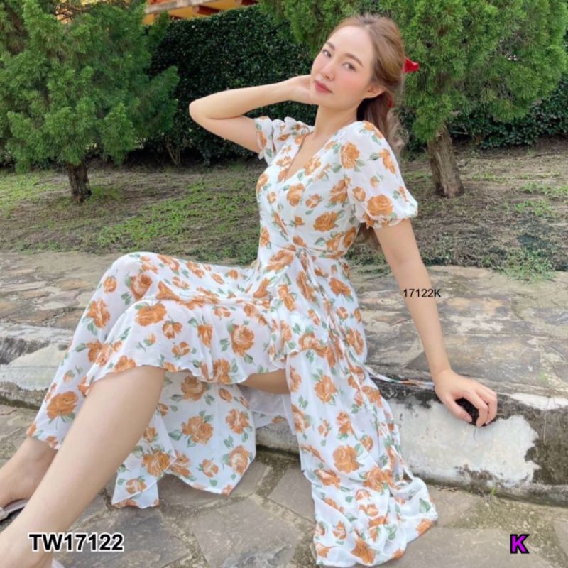 tw17122-สอบถามสต้อกก่อนโอนค่า-ชุดเดรสยาวลายดอกไม้แขนตุ๊กตา-สีชมพู-เหลือง