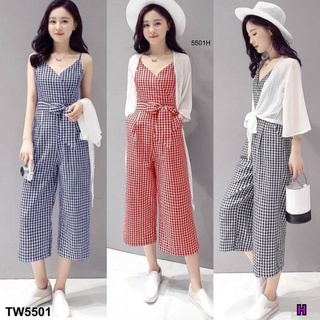 TW5501 Set 2 ชิ้น จั้มสูทขายาว+เสื้อคลุม จั้มสูทขายาวสายเดี่ยว ลายสก๊อต