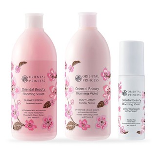 Oriental Princess แพ็ค 3 ชิ้น Oriental Beauty Blooming Violet Shower Cream 400ml.&amp; Body Lotion 400ml. &amp; Deodorant 70ml.