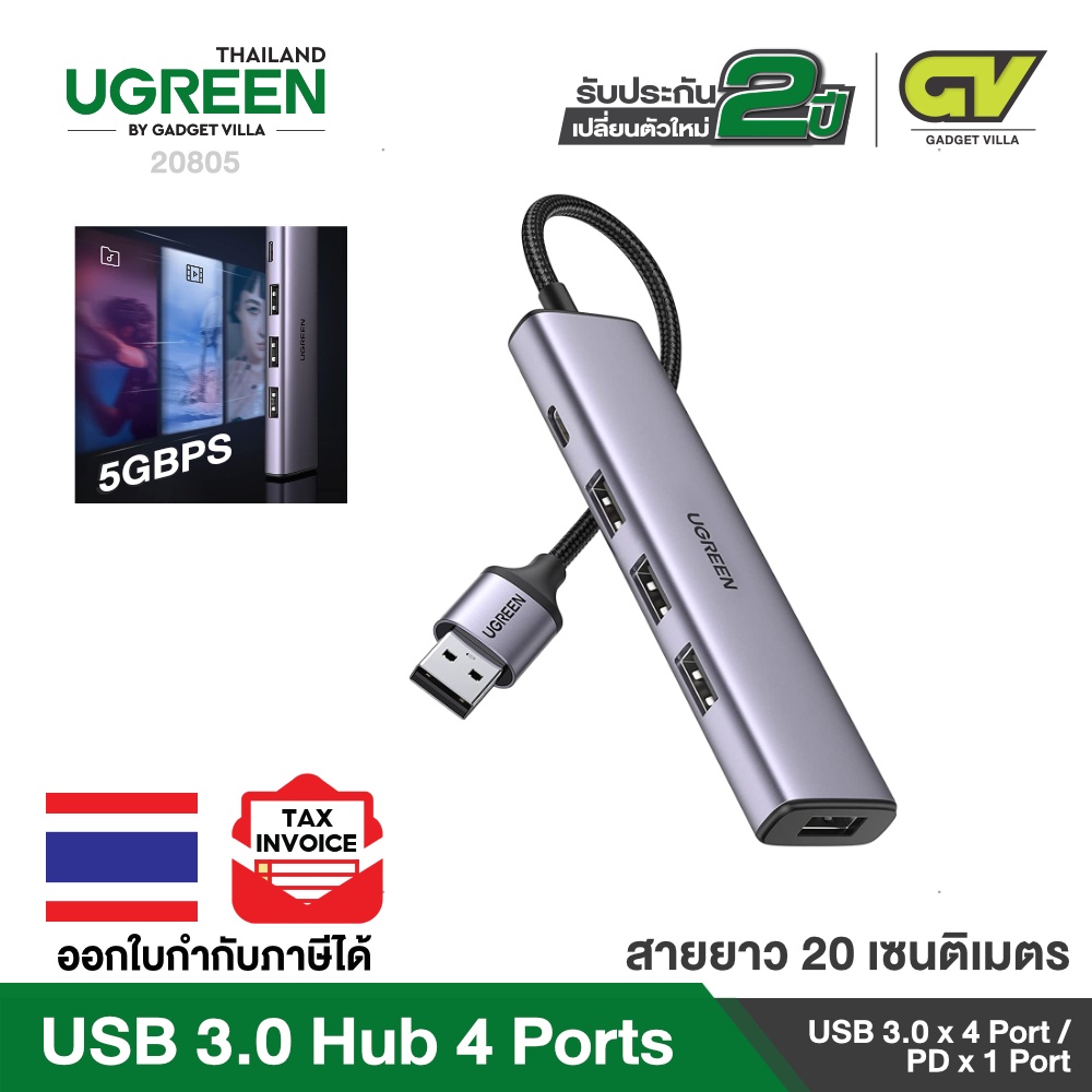 ภาพหน้าปกสินค้าUGREEN รุ่น 20805 USB 3.0 Hub with 4 Port Expansion for Laptop, PS5, PS4, Xbox Surface, Includes USB-C Port for Power S