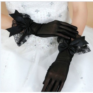 ถุงมือ เจ้าสาวสีดำผ้าโปร่งถุงมือกุทัณฑ์กระเป๋าลูกไม้นิ้วชุดแต่งงานถุงมือสั้น