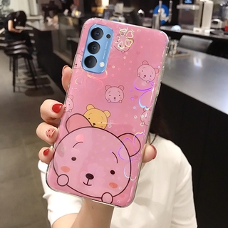 เคสโทรศัพท์ OPPO Reno4 Pro 5G 4Pro Casing Cute Cartoon Bear Silicone Colorful Cherry Blossoms Back Cover Phone Case with Jack Hole for Reno 4 4G เคส