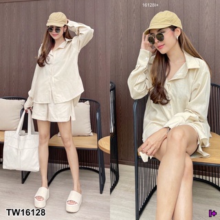 TW16128 Chilling Shirt Set  เซตเสื้อเชิ้ตแขนยาว มาพร้อมกางเกงขาสั้นเข้าชุด เนื้อผ้าลินิน