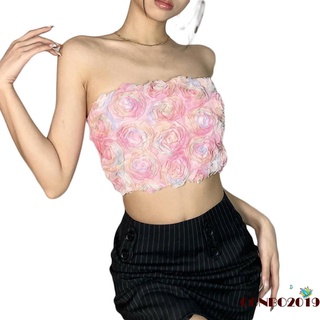 HGM-Women´s Sleeveless Navel Camisole, 3D Flower Pattern Pleated Tank Tops