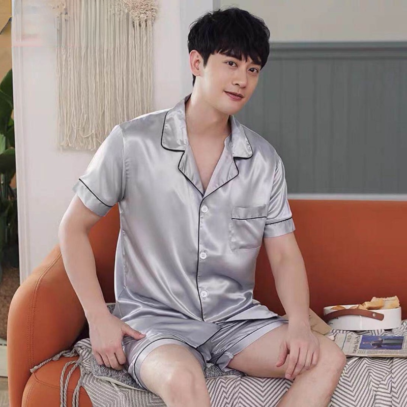 3333-1-ชุดนอนผู้ชายแขนสั้นขาสั้นน่ารักๆผ้าซาตินนิ่มใส่สบาย-สีสวยสด-สไตล์เกาหลี-สินค้าพร้อมส่ง