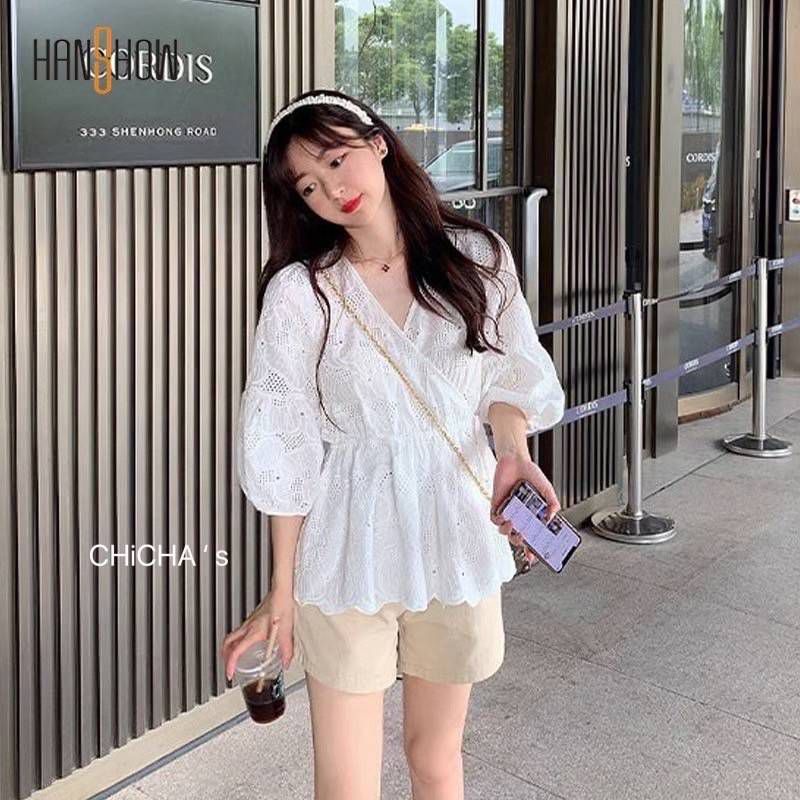 เสื้อคอตตอน-ปักฉลุ-คอวีทางป้าย-ใส่สวยค่ะ