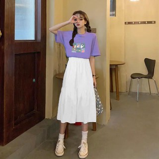 🚗พร้อมส่ง🚗ชุดแฟชั่นเดี่ยว/สองชิ้นหญิงฤดูร้อนใหม่นักเรียนผ้าฝ้ายเสื้อยืดรุ่นเกาหลีกระโปรงครึ่งยาวสองชิ้นบาง &lt;