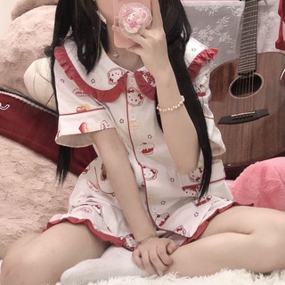 Hello Kitty ชุดนอนเสื้อแขนสั้น กางเกงขาสั้น แบบนิ่ม พิมพ์ลาย Hello Kitty สไตล์ญี่ปุ่น สําหรับผู้หญิง KT