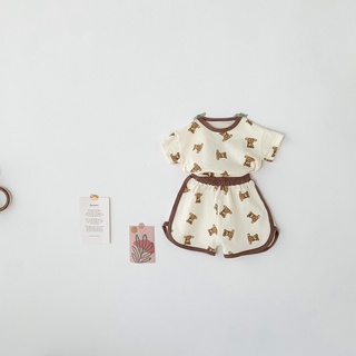 พร้อมส่ง เสื้อแขนสั้น ทรงหลวม ลายหมี และกางเกง แบบบาง สองชิ้น สําหรับเด็ก