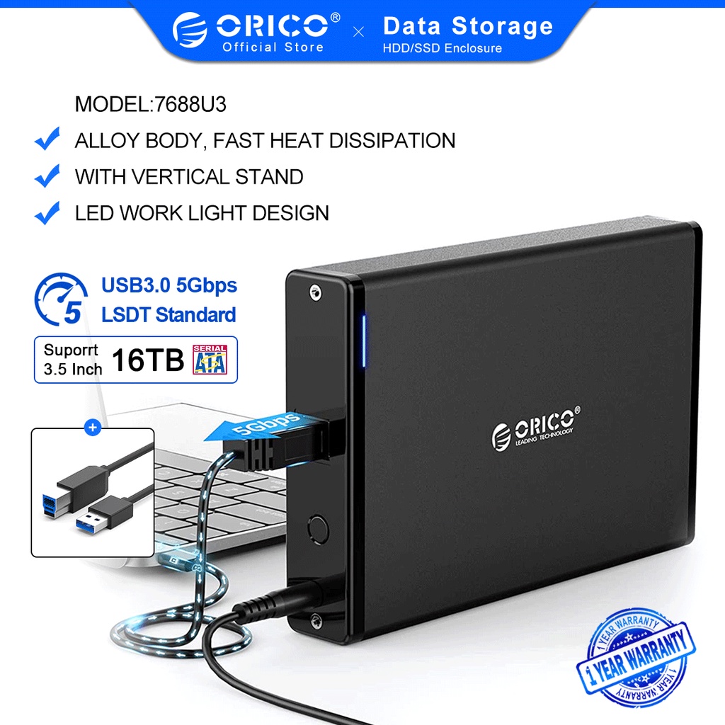 ภาพหน้าปกสินค้าORICO Aluminum Hard Drive HDD Enclosure USB3.0/Type-C to SATA3.0 3.5 inch HDD Case Docking Station Support UASP 12V2A Power7688 จากร้าน orico.th บน Shopee