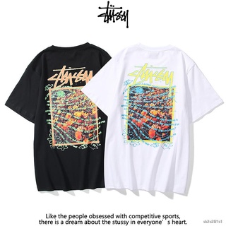 เสื้อยืดผ้าฝ้ายพิมพ์ลาย 🚚STUSSY เสื้อยืดลําลองผ้าฝ้ายแขนสั้นพิมพ์ลายทรงหลวม