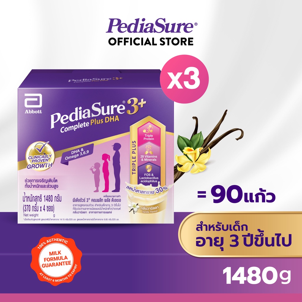 ภาพหน้าปกสินค้าPediasure นมผงพีเดียชัวร์ 3+ วานิลลา 1480 กรัม 3 กล่อง Pediasure 3+ Complete Vanilla 1480g x 3 จากร้าน pediasure_thailand บน Shopee
