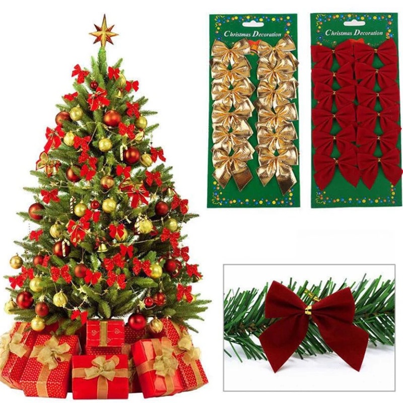 ข้อมูลเพิ่มเติมของ 12pcs Pretty Gold Red Bowknots Christmas Ornament Xmas Tree Party Baubles New Year Decoration