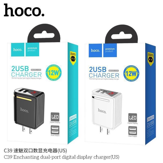 Hoco C39 2.4A Max 12W ปลั๊กชาร์จไฟบ้าน หัวชาร์จ 2 USB พร้อมจอบอกความ ...