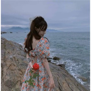 เดรสลายดอก สีหวาน ผูกโบว์หลัง ปรับผูกตามใจชอบ สายเกาหลี สายหวาน ไม่ควรพลาด งานน่ารักมาก